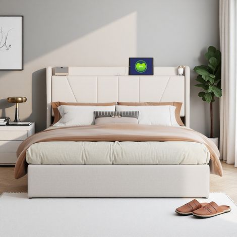 Bett 160 x 200 cm – USB – Leinenstoff – Lattenrost – Bett für Erwachsene 160 x 200 cm – Beige