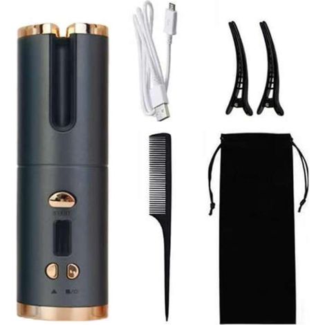 Mini fer à friser, fer à friser sans fil rechargeable, plaque à ondulation automatique, fer à friser automatique, mains libres, contrôle de température à 6 vitesses (noir et or) (1/5)