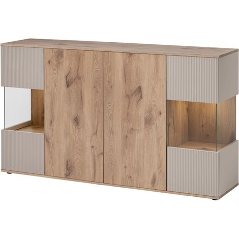 Buffet Catalina avec vitrine et éclairage LED - Bois MDF cachemire et chêne Viking - 160 x 92 x 40 cm - Livraison gratuite (1/5)