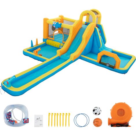 UEV 9 en 1 Château Gonflable pour Enfants XXL, avec Souffleur 580W, Parc Aquatique avec Toboggan Extra-Long, Deux Murs d'escalade, Zone de Saut, Toboggan, Jeu de Lancer, 590 x 502 x 220 cm