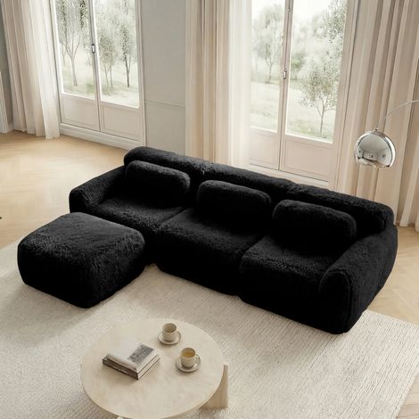 Sofá modular en L de tela peluche negra, sin estructura, listo para usar (1/5)