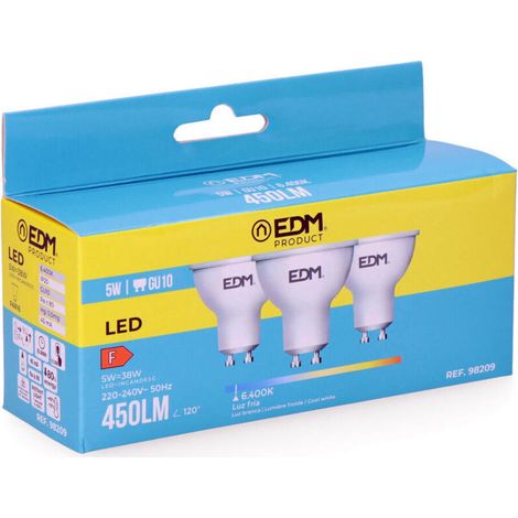 Kit de 3 Ampoules LED Dichroïque GU10 5W 450lm 6400K Lumière Froide Ø5x5,5cm