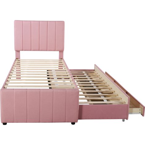 Lit enfant rembourré rose avec lit gigogne escamotable, lit double avec tête de lit capitonnée, canapé-lit d'appoint coulissant, cadre de lit moderne pour chambre d'enfant et adolescent (1/5)