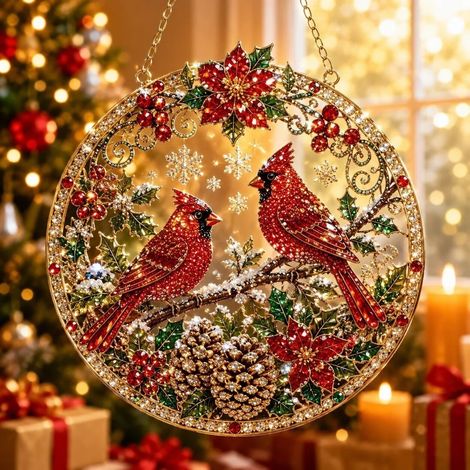 Nouvelle peinture diamant de Noël attrape-soleil - Oiseau rouge - 20 cm