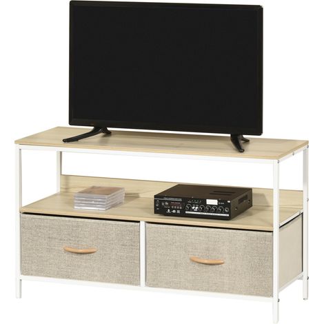 Meuble TV Bas sur Pieds Style Industriel 2 tiroirs en Tissu Gris Bois Naturel et métal Blanc