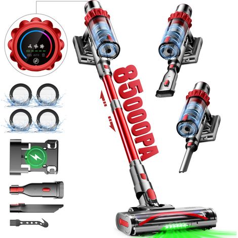 Aspirateur balai sans fil 85 000 Pa 750 W avec écran tactile – Aspirateur à main pour poils d’animaux, tapis et sols durs, autonomie 70 min, 3 vitesses, bac à poussière 1,8 L, Authmic, Rouge (1/5)