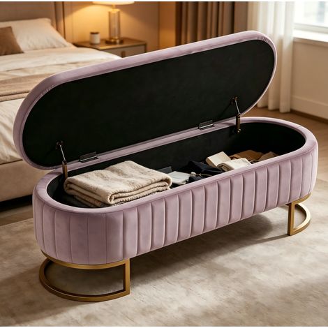 Banco de cama con almacenaje 130 cm de terciopelo, rosa, patas metálicas doradas HAVRYA (1/5)