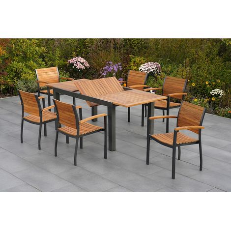 Santorin Set 7tlg 6 Sessel Tisch 150(200)x90cm Alu/Akazie