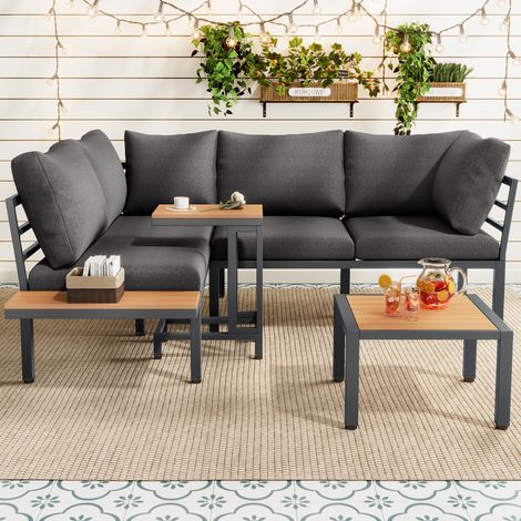 Ensemble de mobilier de jardin gris et noir - Canapé, table d'appoint et table basse convertible en repose-pieds structure tubes acier galvanisé plateau bois composite idéal pour balcon jardin