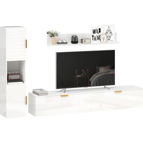 Wandmontiertes TV-Möbel mit Klapptüren, schwebender TV-Halterung, 180 cm Wandregal, Hochglanzweiß