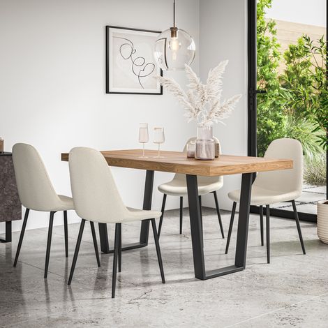 Aria Dining Table And Chairs -  Oak Effect Table Top w Black Legs + Maya Boucle Dining Chair Set Of 4 (Ivory White) (1/5)