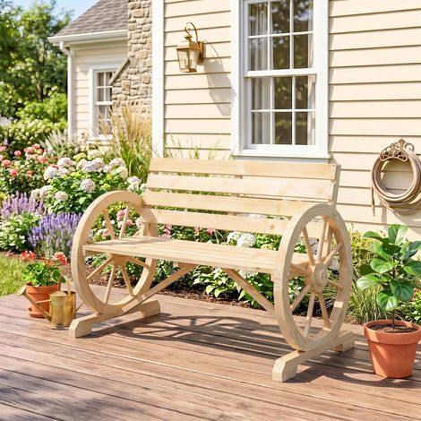 Banco de jardín, banco de madera de 3 plazas, estilo rústico chic, reposabrazos, ruedas, madera estilo carrito, madera de abeto con efecto de madera natural. (1/5)