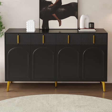 Buffet 140x38x82 cm avec 4 portes et 4 tiroirs, finitions dorées – meuble salonsalle à manger (1/5)
