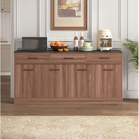 Buffet 160/37/76,5 cm effet noyer avec 3 tiroirs, plateau effet béton et étagères réglables (1/5)
