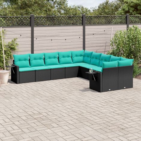 10-teiliges Gartensofa-Set mit Kissen, schwarzes Polyrattan (1/5)