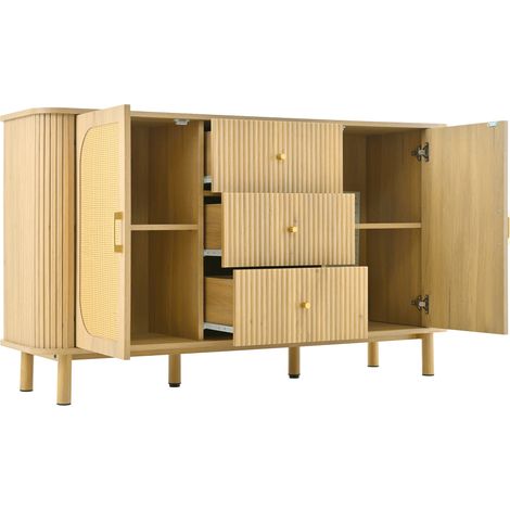 Credenza moderna in MDF effetto legno con ante in rattan e gambe in metallo (1/5)