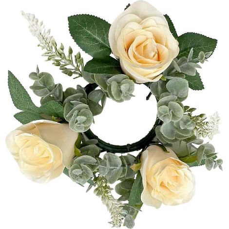 Couronne de bougies avec anneaux et supports pour bougies piliers, roses artificielles de 22 cm, idéale pour Noël, décoration de porte d'entrée, fête ou bar.-Champagne