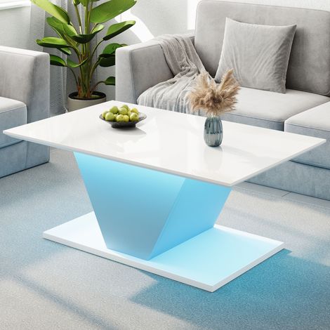 Tavolino da caffè LED bianco, tavolino laterale per divano, gambe a V, soggiorno/camera da letto, 100x50x46cm (1/5)