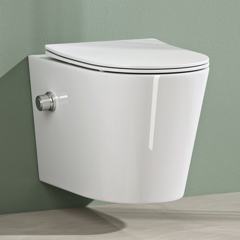 Mai & Mai Hänge WC Toilette Wand-WC mit Bidet-Funktion Spülrandlos Weiß aus Keramik Wandmontage mit Absenkautomatik Aachen601 (1/5)
