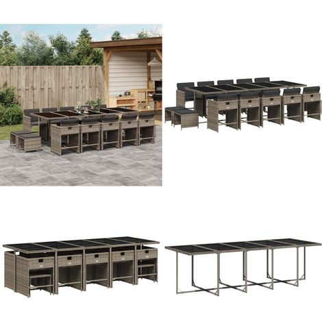 vidaXL Ensemble à manger de jardin 15 pcs coussins gris résine tressée