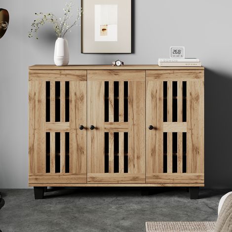 Sideboard aus Spanplatte in Naturholzoptik 120 x 32 x 92 cm, 3 Türen, 8 Fächer