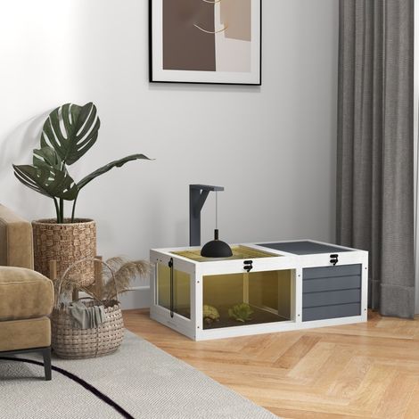 Maison tortue en bois gris avec fenêtre, bac reptile 2 compartiments à couvercle, boîte en plastique grise