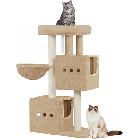Arbre à Chat,Tour de Jeux 98 cm, Meubles de Maison pour Chats avec 2 Niches, Grande Plate-Forme, Sisal Griffoir, Hamac, Marron Camel (1/5)