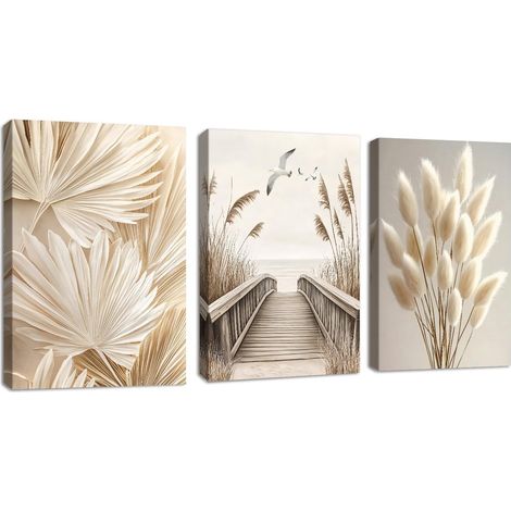 3 Pcs Beige Plantes Paysage Tableau Decoration Murale Avec Cadre Coucher de Soleil Mer Impression Sur Toile Esthétique Pampa Roseau Affiche Peintures Decoration Chambre Maison Bureau 30x40cmx3 Pcs (1/5)