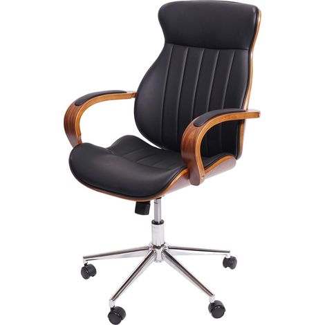 Chaise de bureau HWC-H39, pivotante, fauteuil, bois courbé, aspect noyer, similicuir - noir