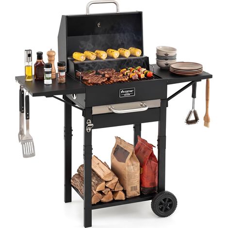 COSTWAY Barbecue à Charbon de Bois Extérieur, Gril au Charbon à Roues avec 2 Tables Latérales Thermomètre Aérations Tire-Bouchon Grille Chauffante, pour Pique-nique Patio (1/5)