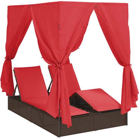 Transat double réglable, rouge, 205 x 129 x 200 cm, en rotin. (1/5)