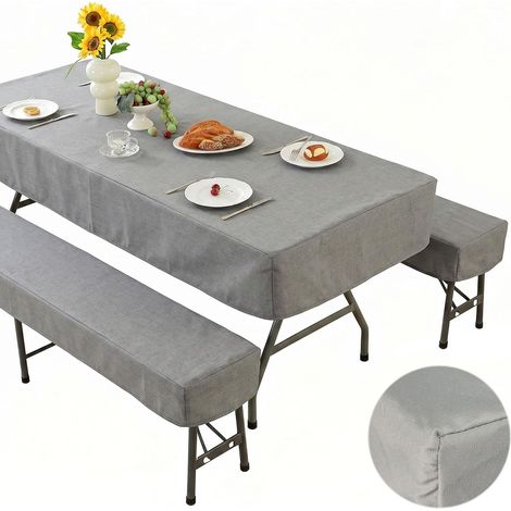 Set di 3 tovaglie per tavoli e panche da giardino – Grigio – Impermeabile – Dimensioni: Tavolo 220×70 cm, 2 panche 220×25 cm – Tovaglia in poliestere – Per feste, picnic, matrimoni (1/5)
