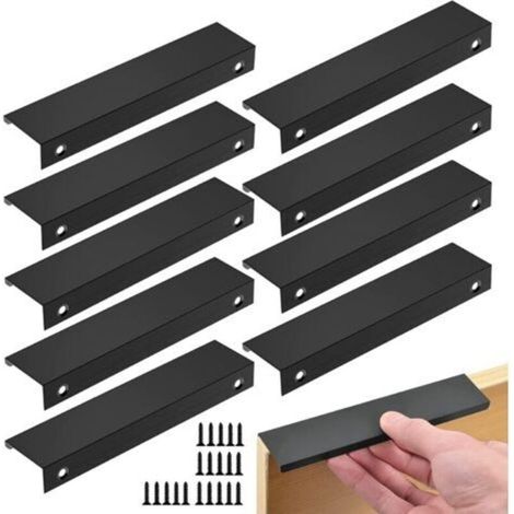 Lot de 10 Poignée Noir Poignée de Meuble Noir- Poignée Invisible Poignee de Meuble Cuisine Noir Poignée Meuble Noir Mat en Alliage d'Aluminium Entraxe 96mm,10pcs poignées + 20 vis (1/5)