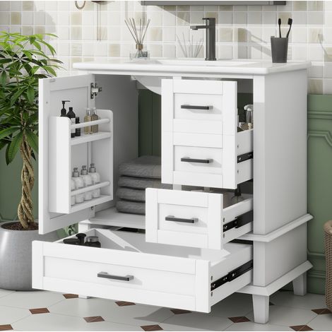 Mueble de baño con lavabo (76x46x83.5 cm), de pie, con 3 cajones silenciosos, armario, cerámica y MDF blanco (1/5)