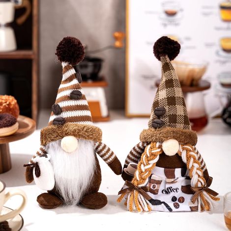 Set di 2 bambole di peluche elfo del caffè - Decorazione per la pausa tè del bar - Decorazioni natalizie - Set di pezzi del nano del caffè, bambola senza volto (1/5)