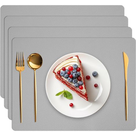 Set of 4 heat-resistant faux leather placemats for dining table, waterproof, washable and non-slip, light grey