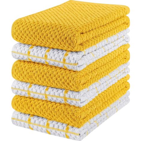 Torchons de cuisine, 38 x 64 cm, 100 % coton filé à l'anneau, torchons à vaisselle, torchons de bar et serviettes ultra doux et absorbants (lot de 6) (jaune et blanc) (1/5)