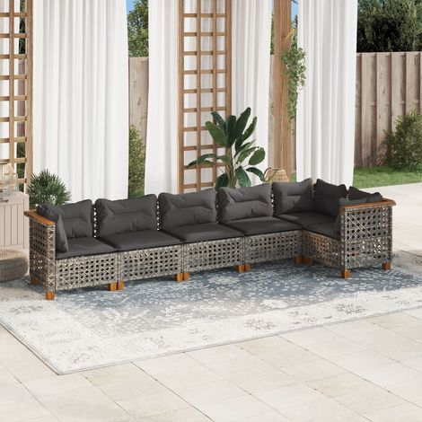 Canapé de Jardin 6 Places Gris en Résine Tressée avec Coussins Détachables Ensemble Salon d'Extérieur Modulaire Table et Sièges d'Angle et Centraux en Bois d'Acacia (1/5)