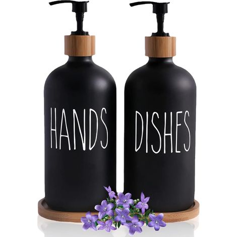Lot de 2 distributeurs verre noir mat 500 ml + plateau, liquide vaisselle, déco style ferme (1/5)