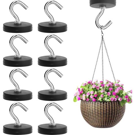 Lot de 8 crochets magnétiques noirs de 22 mm d'épaisseur avec crochets sans perforation - Crochets magnétiques caoutchoutés - Extra puissants - 3,5 kg - Pour portes en fer, réfrigérateurs (1/5)