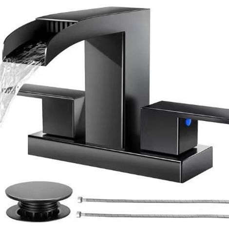 Bathroom faucet, matte black, square faucet, suitable for washbasins, with retractable drain, 2 handles and 2 water supply hoses. (1/4)