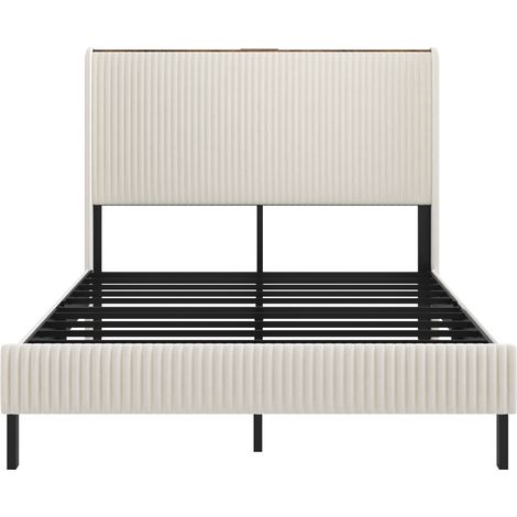 Letto a piattaforma 140 x 200 in velluto a coste beige e crema con testiera imbottita MODENUIT (1/5)
