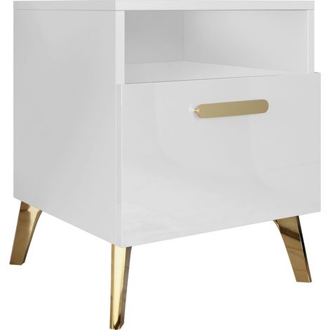 Mesilla de noche Comfivo Capella, Blanco + Blanco brillante, Número de cajones: 0, Número de puertas: 0, 47x40x38cm, Aglomerado laminado