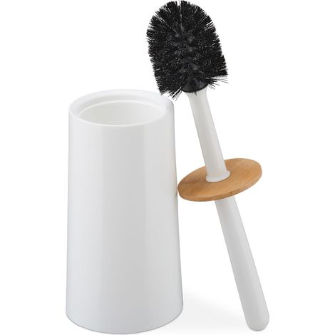 Relaxdays Toilettenbürste, mit Behälter, Kunststoff und Bambus, freistehend, Klobürste zum Wechseln, mit Deckel, weiß