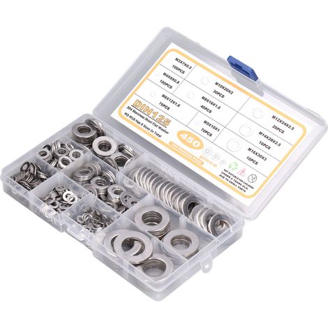 Flache Unterlegscheiben aus Edelstahl 304, M3, M4, M5, M6, M8, M10, M12, M14, M16, Packung mit 450 Stück, passendes Schraubenset (1/5)