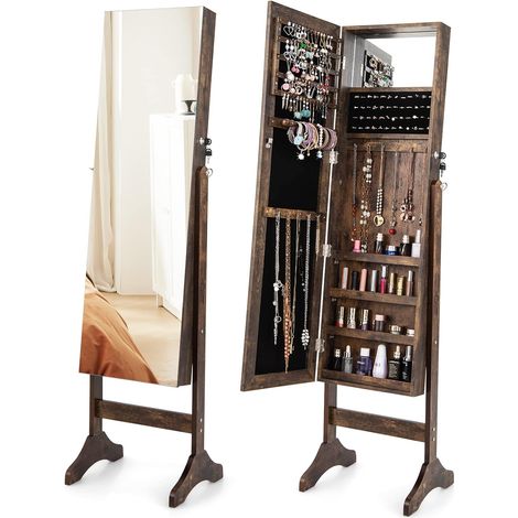COSTWAY Schmuckschrank mit Ganzkoerperspiegel und kleinem Schminkspiegel, Schmuck Spiegelschrank neigungsverstellbar und abschliessbar, für Makeup Braun (1/5)