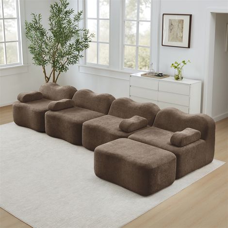 Canapé Modulaire en L 4 Places avec 1 Ottoman - 384x167x70cm - Mousse 32D Haute Densité et Design Ondulé en Velours - Marron (1/5)