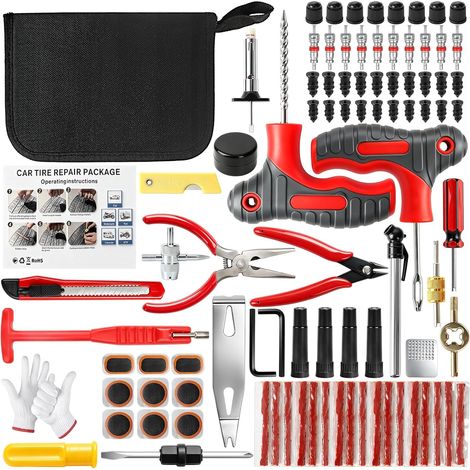 Kit Reparation Pneu Voiture, 101 Pièces Kit Meche Pneu Voiture Universal, Kit Anti Crevaison Voiture Tubeless, Outils Réparation Pneus Portables pour Auto, Moto, VTT, Camion, Tracteur, SUV (1/5)