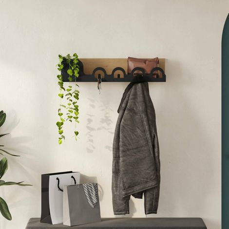 Beryl Garderobe, 5 Haken, Wandmontage, Gestell Schwarz, 14h cm Eiche Braun (1/5)