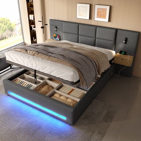 lit adulte coffre rangement LED USB C 180x200 velours OKMYHOME (1/5)